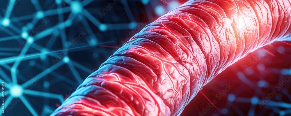 Aufkleber Detailed view of a red and blue microstructure with network background.