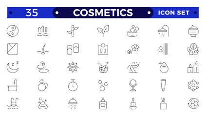 Cosmetics Outline icons set. Moisture cream, acid, anti wrinkle serum, ceramide, collagen, retinol compound, sunscreen vector illustration. Outline signs for skincare products property.