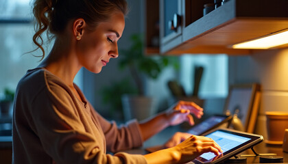 Woman Working on Tablet at Night