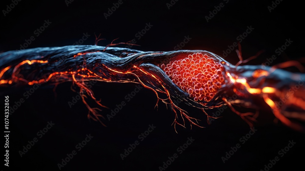 Aufkleber 3D rendering of glowing cells in a biological structure on a dark background.