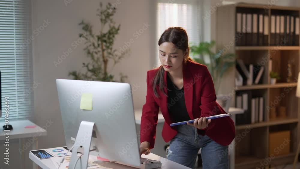 Poster businesswoman holding a document while using a computer, surrounded by charts and graphs in a modern