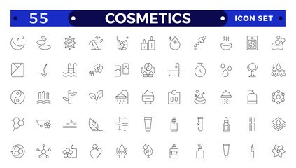 Cosmetics Outline icons set. Moisture cream, acid, anti wrinkle serum, ceramide, collagen, retinol compound, sunscreen vector illustration. Outline signs for skincare products property.