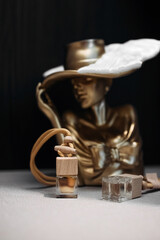 Mockup black glass bottle aroma diffusers. Home decoration. Minimalist air freshener concept. Essential oil, glass bottles, aroma diffuser, relaxing spa, natural home fragrances.