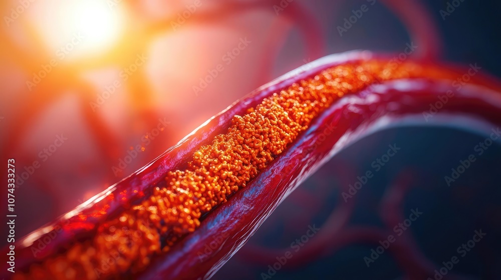 Poster close-up view of a blood vessel with flowing red cells, isolated on a blurred background.