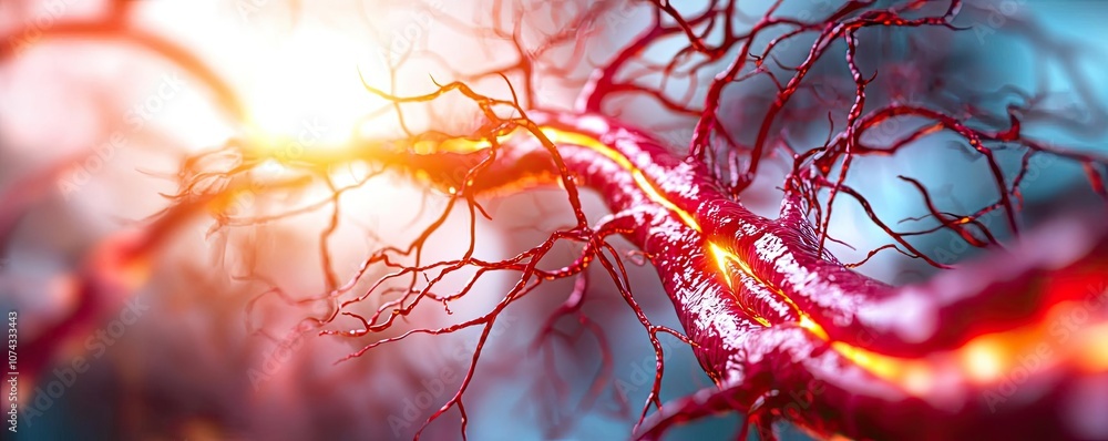 Poster close-up view of brightly colored neurons on a soft-focus background.