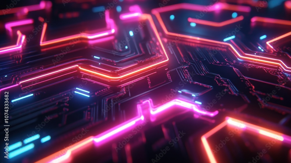 Poster a vibrant, abstract representation of a circuit board with glowing lines and patterns.