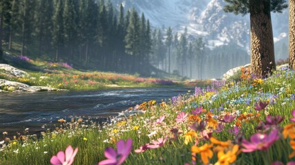 Serene Landscape with Flowing River and Colorful Flowers