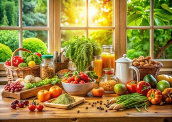 Healthy Food on Kitchen Table with Natural Light - Nutrient-Rich Ingredients for a Balanced Diet