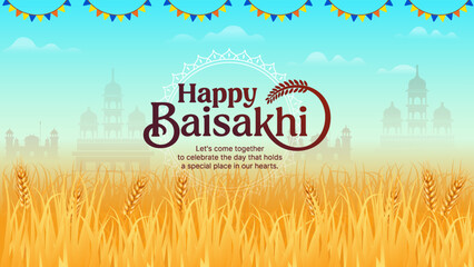  Happy Baisakhi Festival in Punjab – Baisakhi celebration with a scenic backdrop of lush Punjabi farmlands, perfect for festival and event use- Vector design © BonkersArt