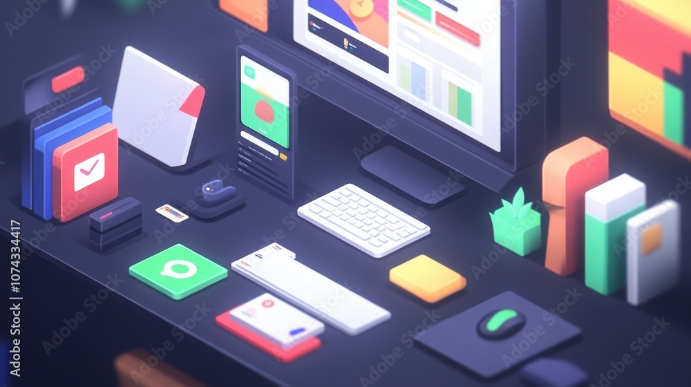 Poster modern workspace with colorful digital tools and icons