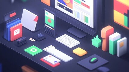 Obraz premium Modern Workspace with Colorful Digital Tools and Icons