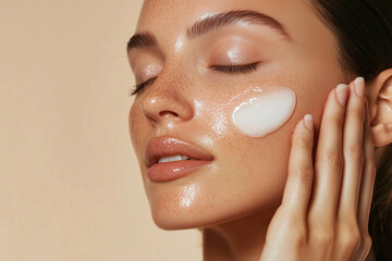 woman is applying a white cream to her face. The cream is thick and creamy, and it looks like it's covering her entire face. The woman's hands are spread out