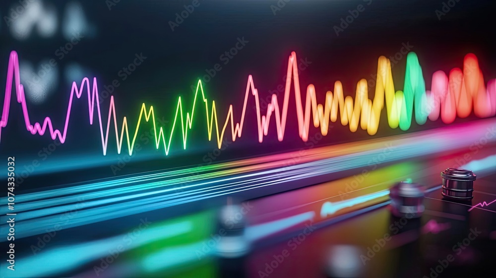 Aufkleber colorful audio waveform on a dark background showcasing sound frequency.