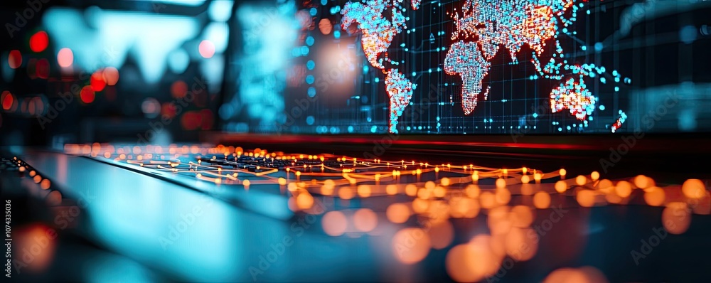 Poster Close-up of illuminated laptop keyboard with digital world map display.