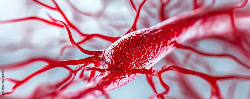 Poster Close-up view of a neuron with red nerve fibers on a white background.