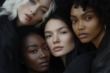 Obraz premium Four women with different hair colors and features are posing for a photo. Scene is lighthearted and fun, as the women are smiling and enjoying each other's company