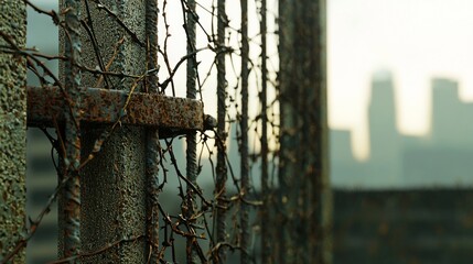 Rustic Trade Barriers: Nature vs. Urban Life in Dusk Cityscape