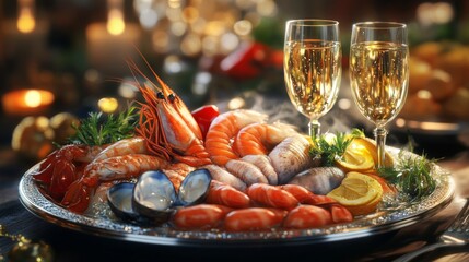 Romantic seafood platter for two with champagne glasses