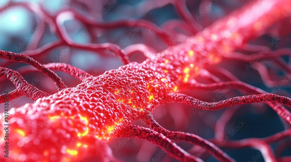 Poster Close-up view of a vibrant red neural network structure, intricate details.