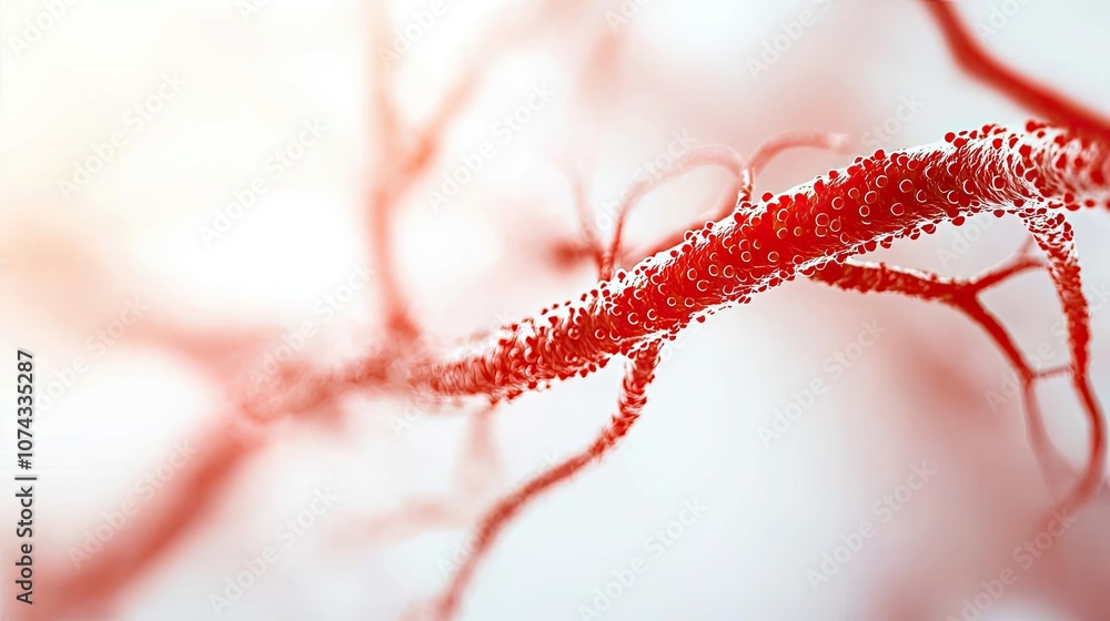Poster Abstract red neural network structure on a soft white background.