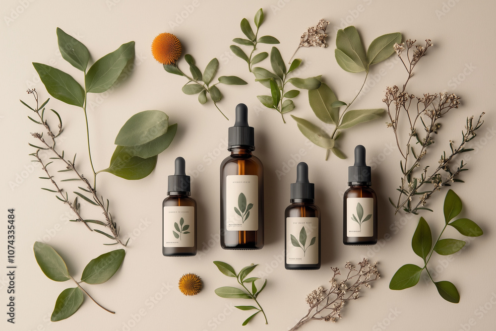 Poster row of five bottles of essential oils are arranged on a table with various flowers and leaves. the b