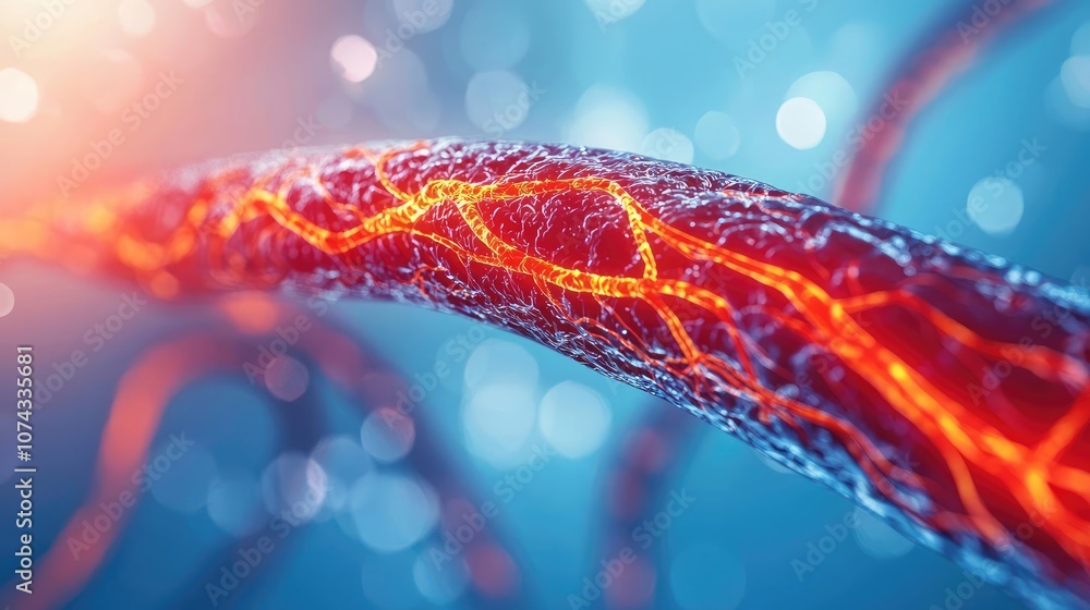 Poster glowing red neuron with intricate details on blue background