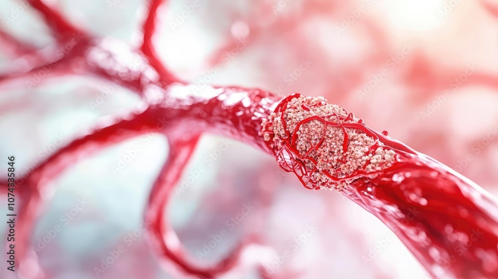 Poster close-up of a red blood vessel with intricate details in a soft background.