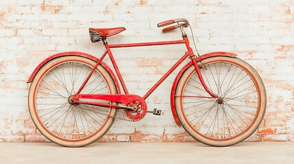 Explore the timeless charm of a vintage red bicycle against a rustic brick wall