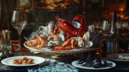 Elegant seafood platter in a high-end restaurant setting