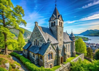 Fototapeta premium Historical Stone Church in Alesund, Norway - Scenic Spring Sightseeing Destination