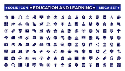Education and Learning solid icons set. Education, School, Learning, university, textbook.Containing video tuition, e-learning, online courses, educational websites, and digital education icons. 

