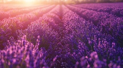 Fototapeta premium Breathtaking Lavender Field in Full Bloom at Sunset in Serene Rural Landscape