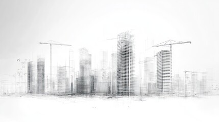 Abstract representation of a city skyline with construction elements.