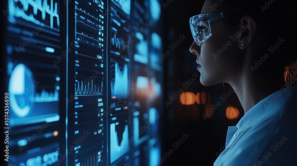 Poster a scientist analyzes data on digital screens in a high-tech environment.