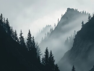 A dense fog rolling through a mysterious mountain landscape with pine trees and rugged peaks