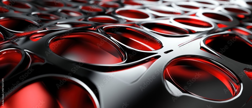 Poster a close-up view of a textured surface with circular cutouts and a red liquid underneath.