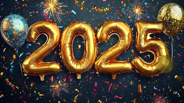 The golden foil balloons form the numbers of 2025 for new year eve celebration video footage.