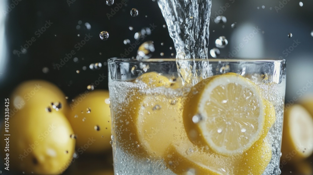 Poster a refreshing drink with lemon slices and sparkling water, creating a lively atmosphere.