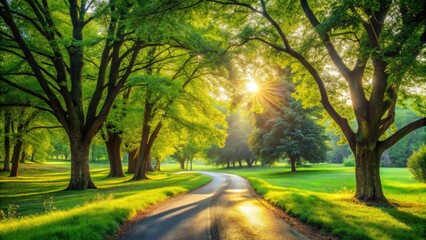 Fototapeta premium Immerse yourself in a tranquil summer pathway lined with lush trees and vibrant greenery, where sunlight enhances relaxation and outdoor exploration in natureâ€™s serene beauty.