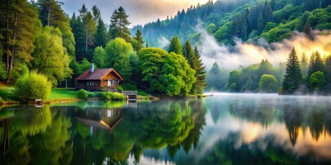 Fototapeta premium Immerse yourself in a misty lakeside retreat, featuring a serene cottage, cozy cabin vibes, tranquil nature, peaceful reflections, foggy mornings, and stunning picturesque landscapes.
