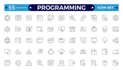 Programming Outline icon set. Contains linear outline icons like Web Development, Code, Website, Cloud, App, Data, Software, Algorithm, Api, Build, Program. Editable stroke outline icon.
