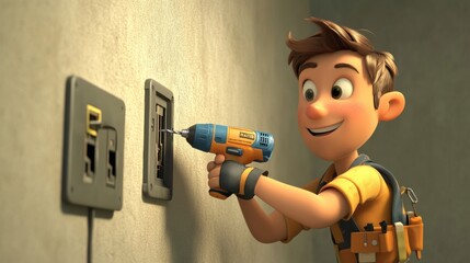 3D Cartoon Electrician Using Drill in Home Setting