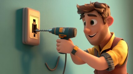Cartoon Electrician with Drill in Action