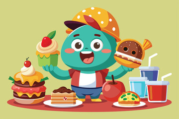 Fototapeta premium A playful cartoon character happily samples a variety of tasty foods while surrounded by delightful treats, Eating different foods with a customizable cartoon illustration.