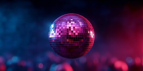 Obraz premium Sparkling retro disco ball reflects colorful lights against a vibrant, smoky background, evoking a lively dance party atmosphere
