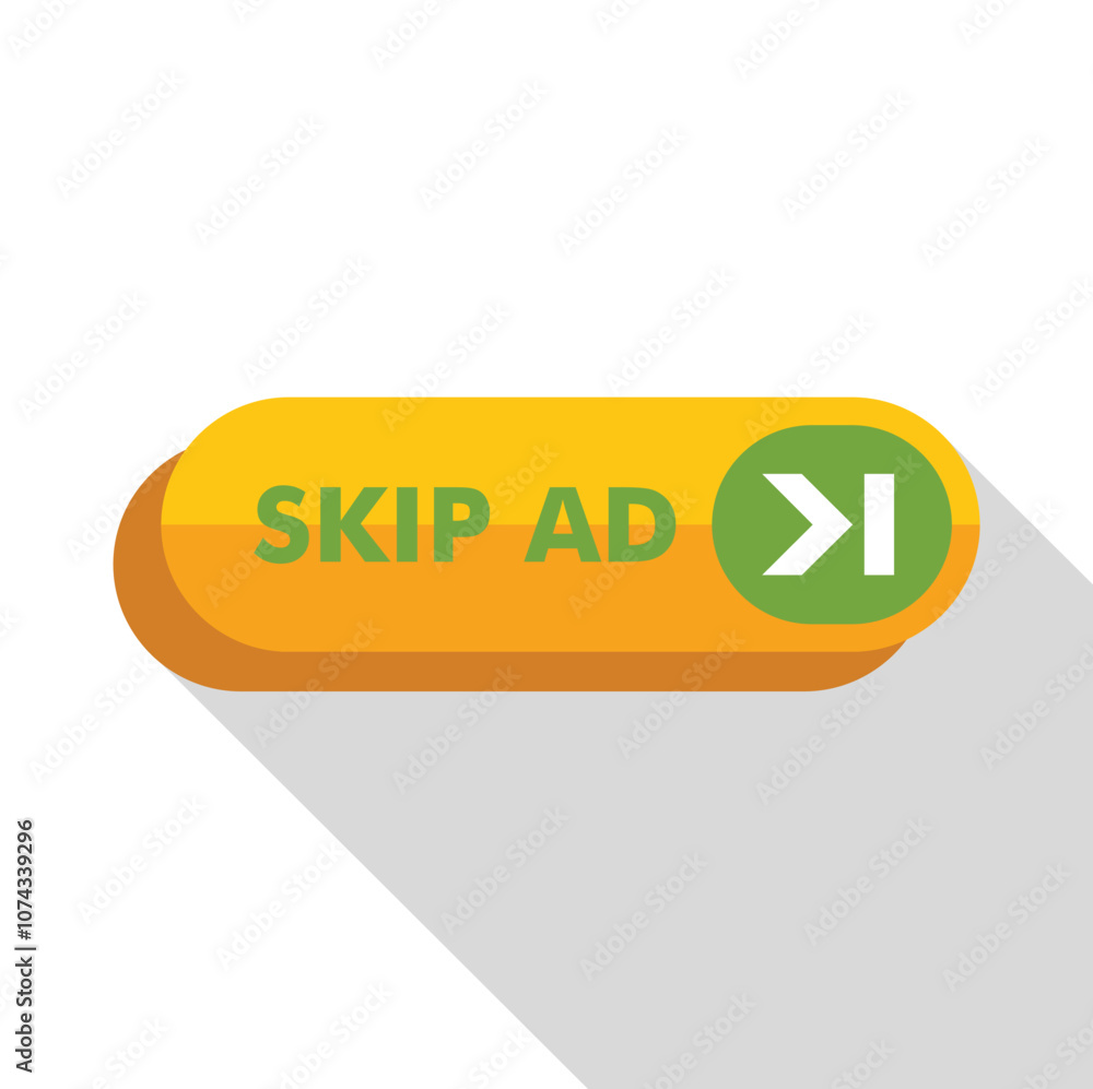 Poster yellow skip ad button with green arrow symbol, offering viewers option to bypass advertising content