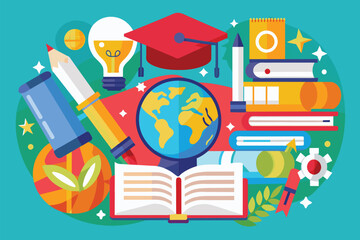 A collection of educational symbols includes a globe, books, a light bulb, and graduation cap, emphasizing learning, Education elements, illustrated flatly.