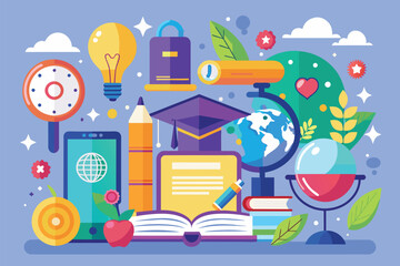 A vibrant collection of various education elements like books, a globe, and school supplies arranged creatively, Education elements, illustrated flatly.