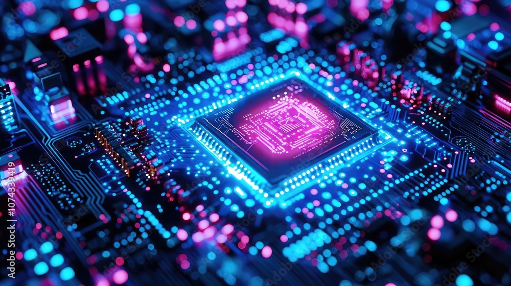 Aufkleber Futuristic microchip design with neon colors and glowing circuitry.