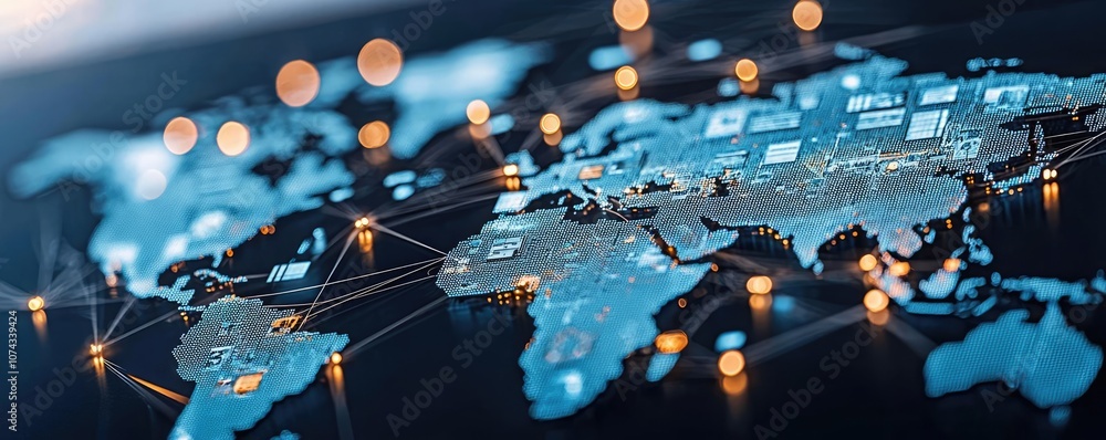 Poster world map with digital connections, illuminated nodes on a dark background.
